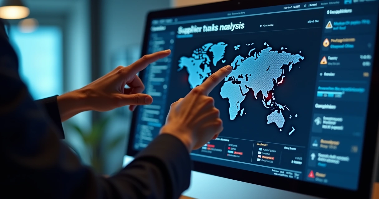Tela de computador mostrando alerta de risco em análise de fornecedor