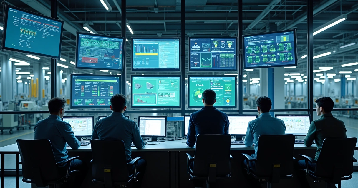 Sala de controle industrial com múltiplos monitores de TI. 
