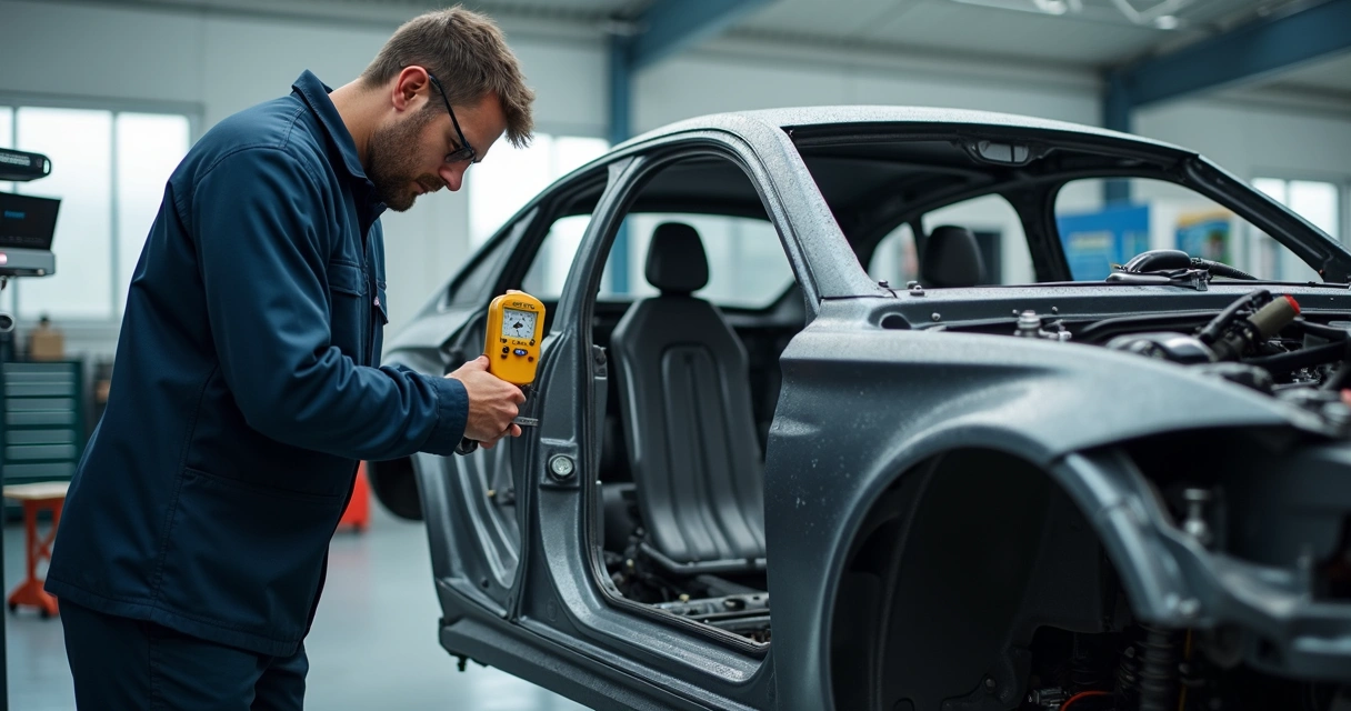 Técnico avaliando monobloco danificado com instrumentos de medição 