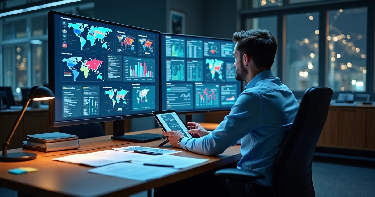 Profissional analisa dados de fontes múltiplas em tela dividida com gráficos e mapas 