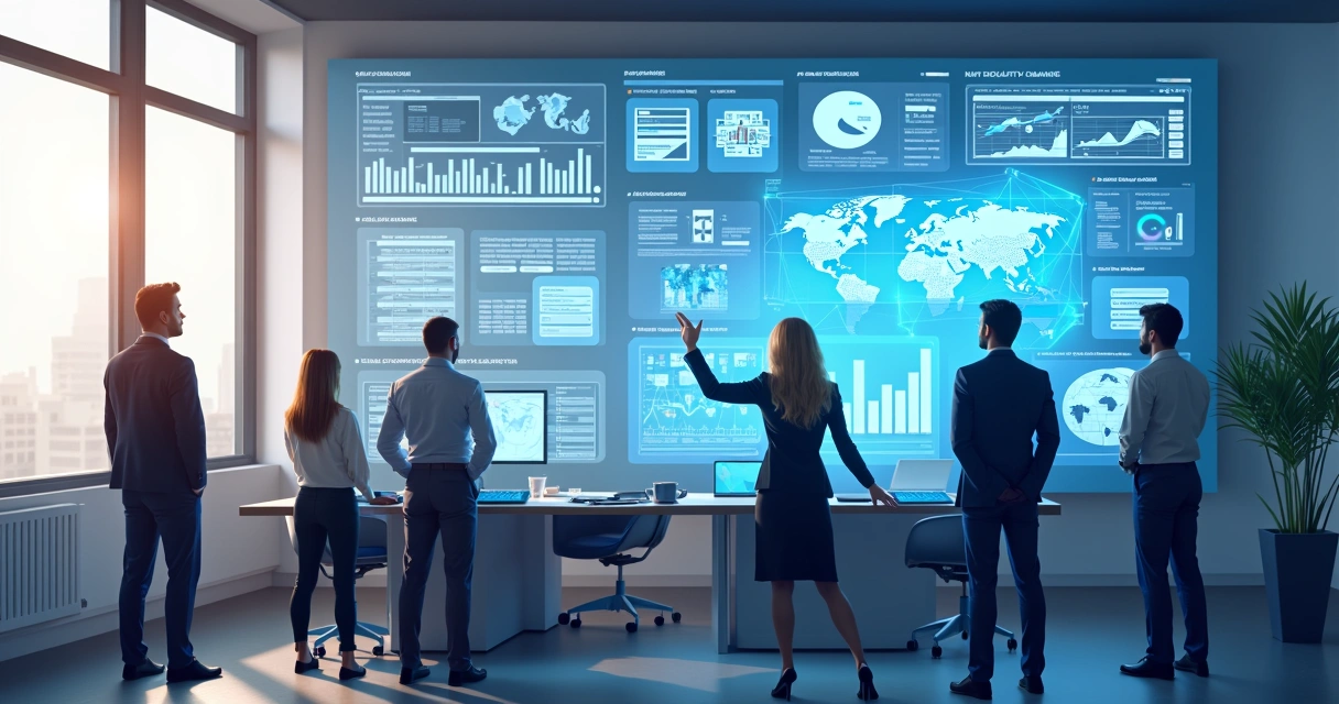 Equipe analisando dados integrados em diferentes telas