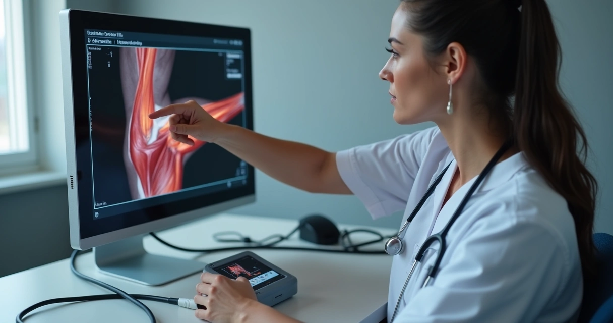 Profissional analisando imagem de ultrassom de músculo no antebraço 