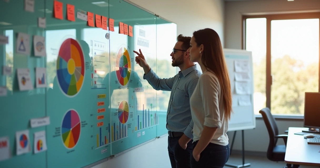 Colaboradores analisando gráfico de segmentos de mercado B2B 