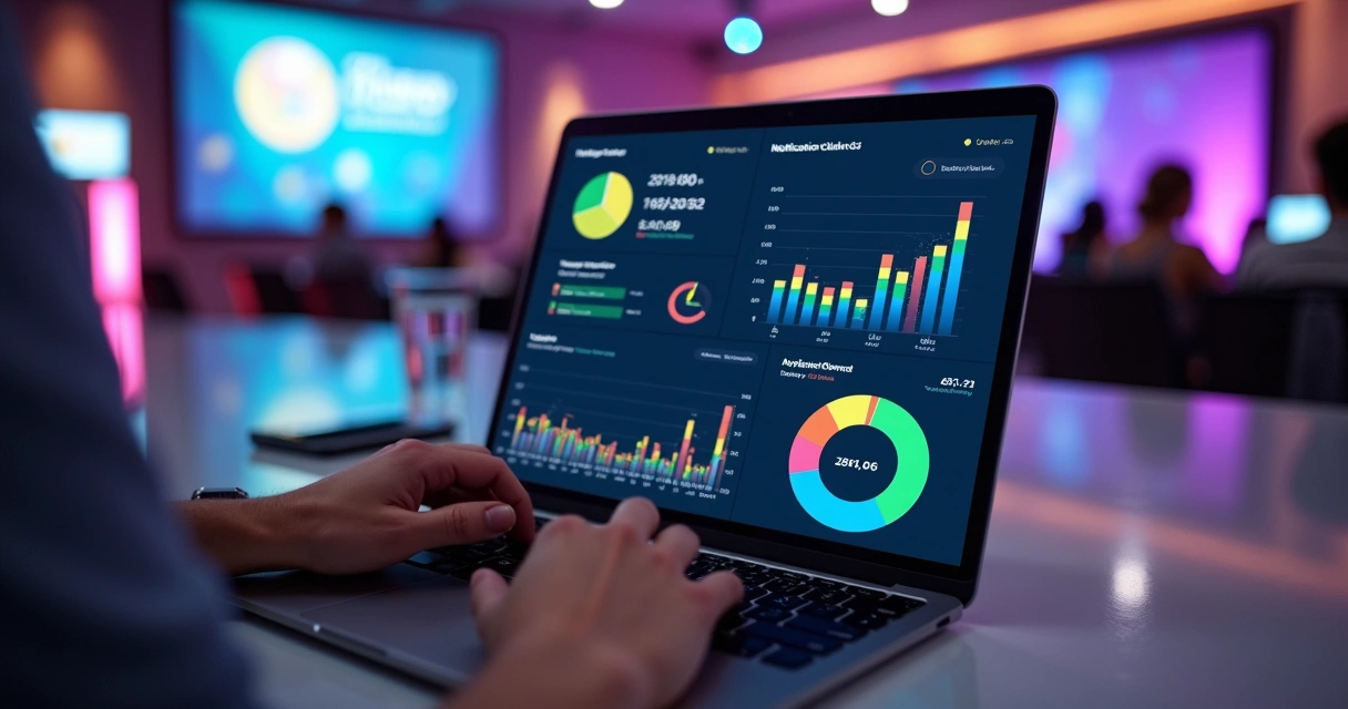Pessoa analisando gráficos de engajamento de notificações num notebook 