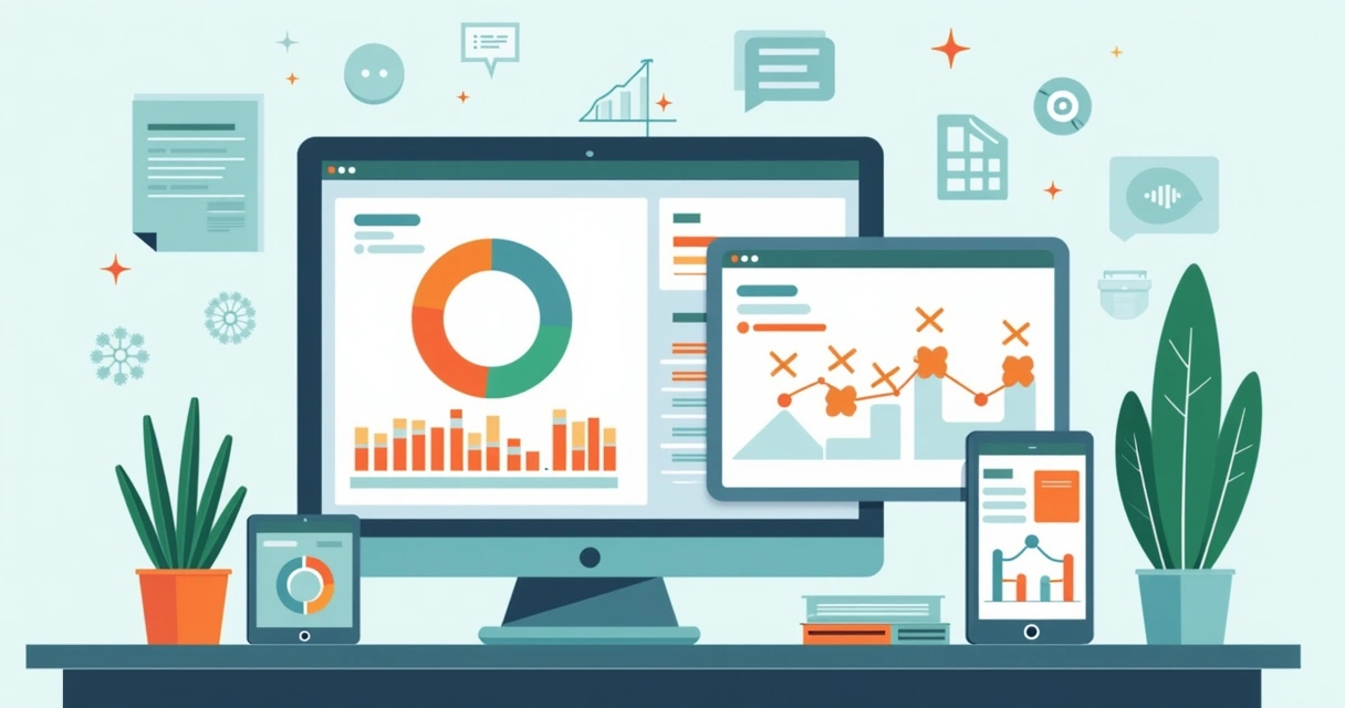 Ilustração corporativa mostrando gráficos de NPS e ranking do TripAdvisor em painéis digitais 