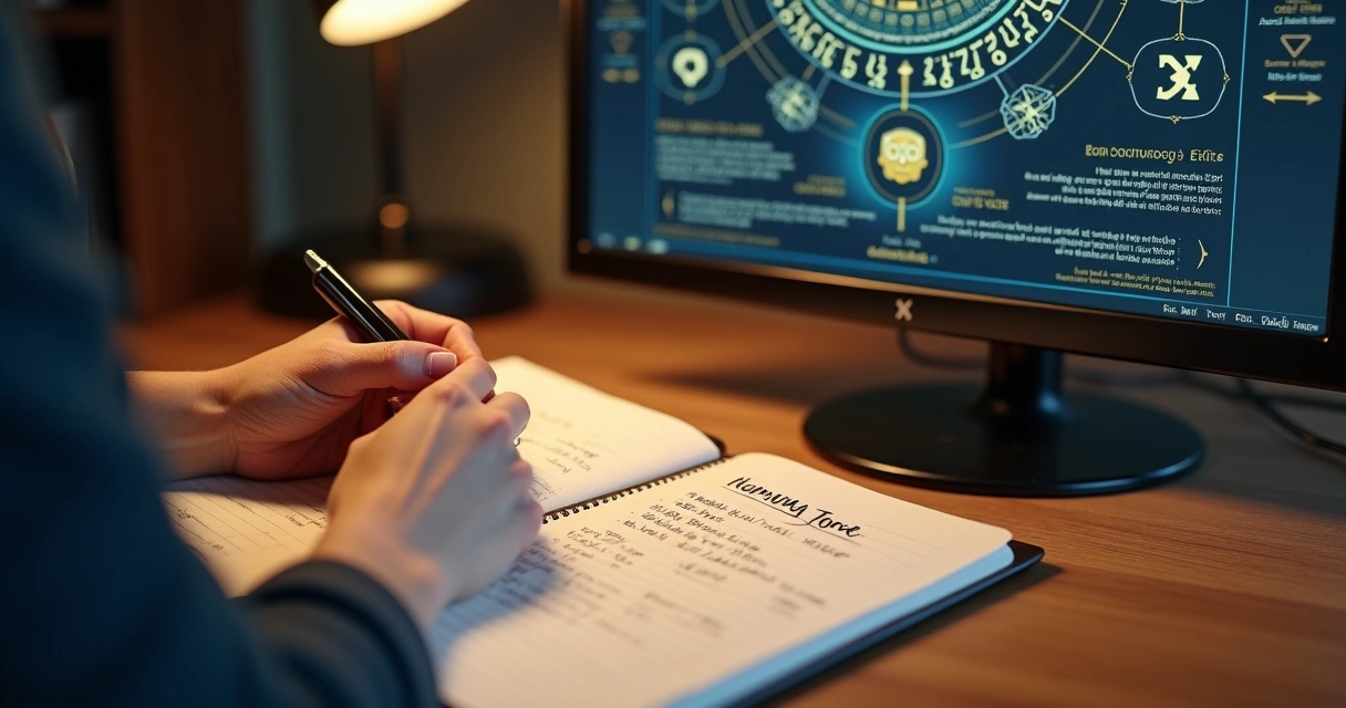 Mão escrevendo cálculos numerológicos em caderno, ao lado de um computador e nome próprio destacado na folha 