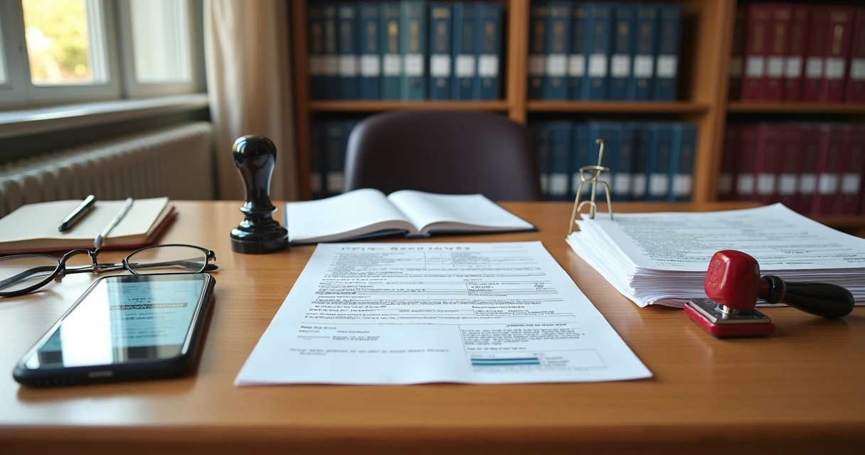 Investidor analisa certidões e matrícula imobiliária sobre mesa com carimbo de cartório 