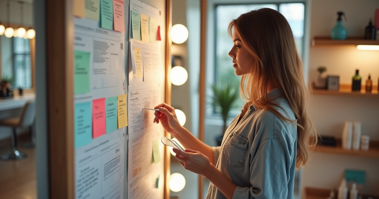 Empreendedora analisando oportunidades de negócio em salão de beleza 