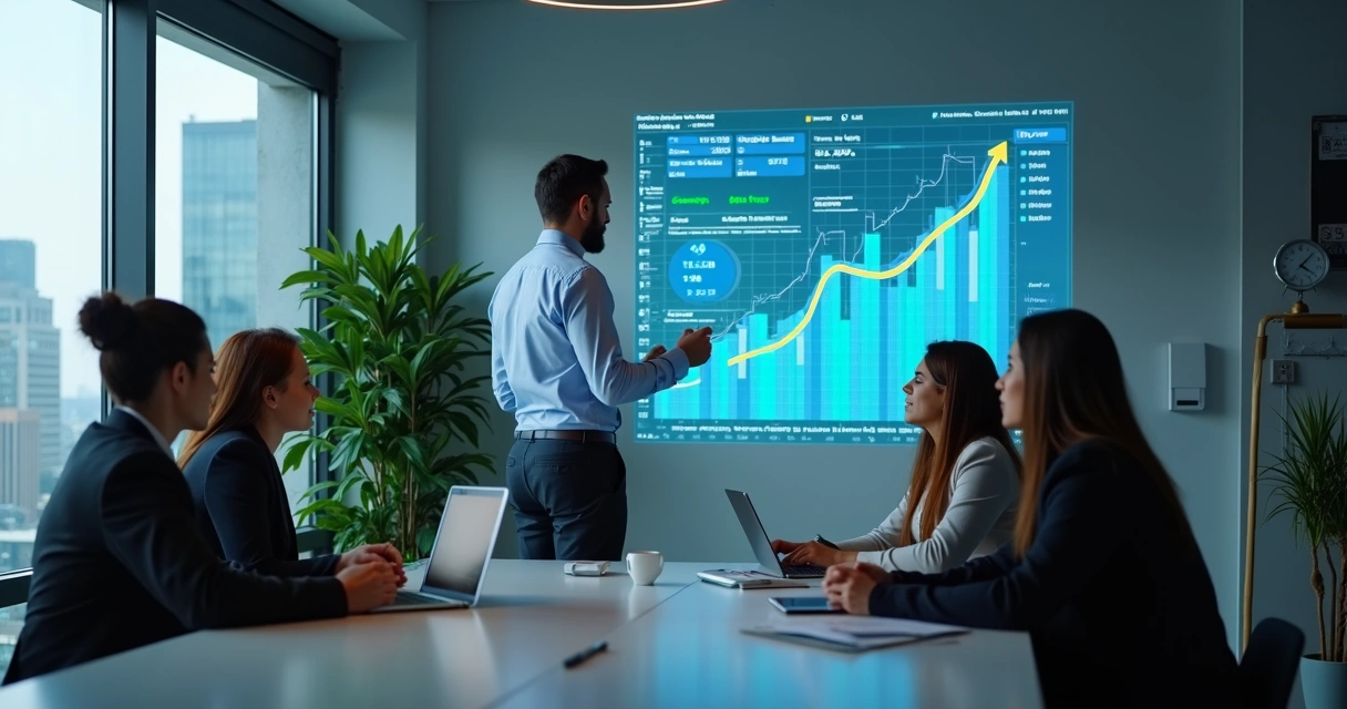 Profissional contábil analisando próximos passos em gráfico projetado na parede, ao lado de colegas, ambiente moderno 