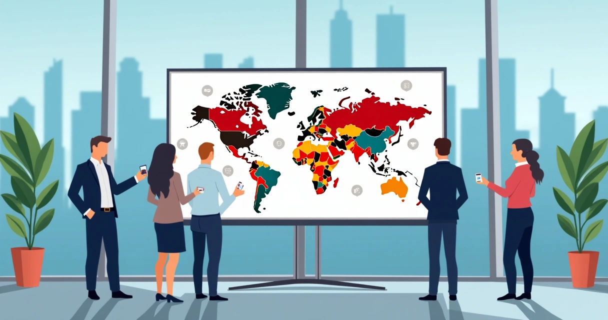 Equipe comercial avaliando mapa de segmentos e oportunidades de mercado em um painel digital 