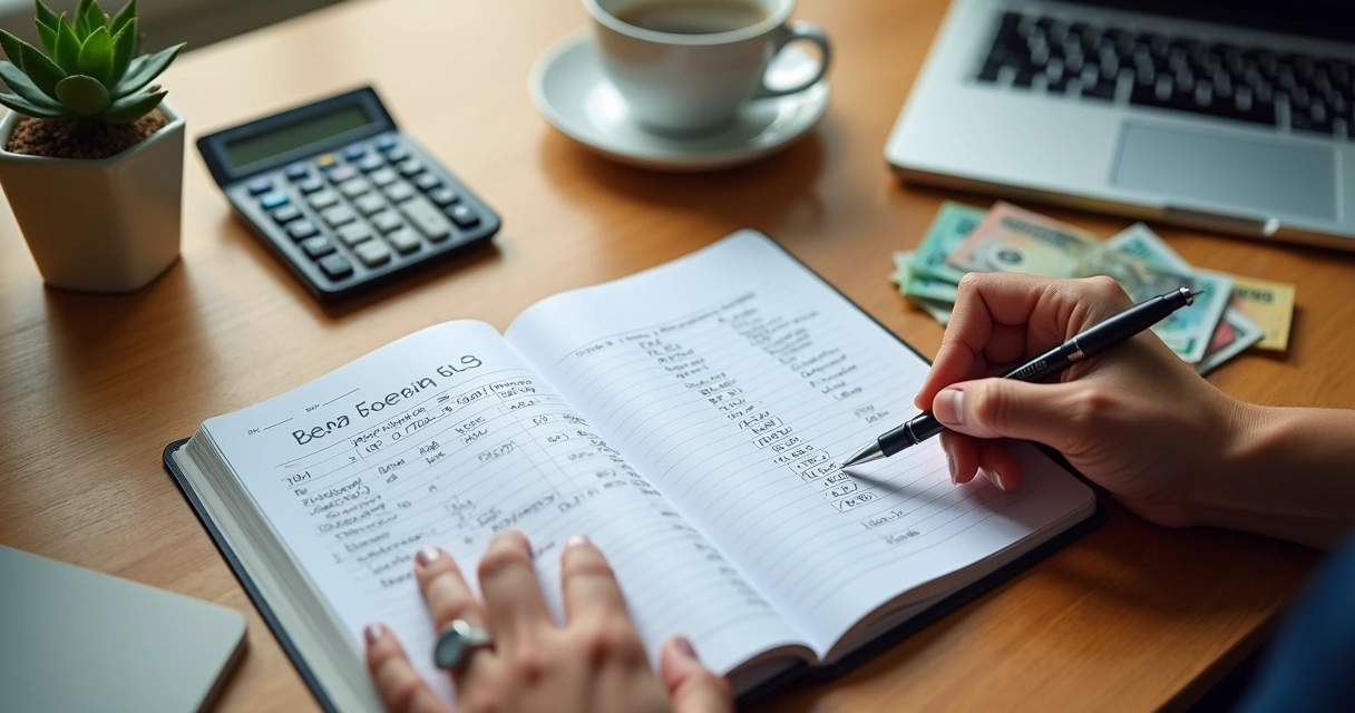 Caderno com orçamento, calculadora e anotações financeiras em mesa de madeira