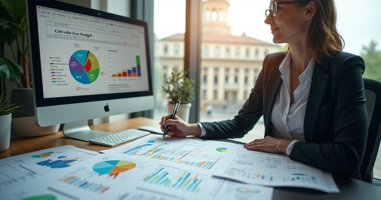Pessoa analisando gráficos e planilhas de orçamento público municipal