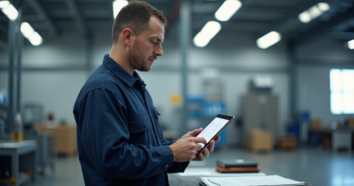 Técnico analisando uma ordem de serviço digital no tablet 