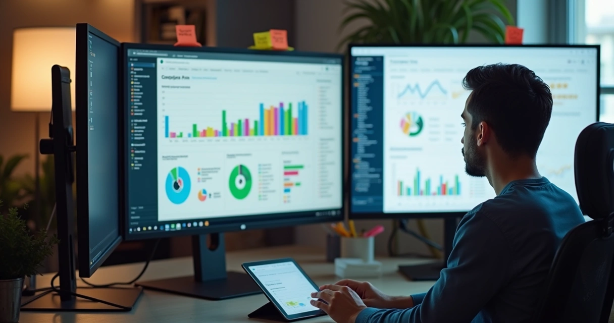 Analista otimizando campanha de anúncios no computador 