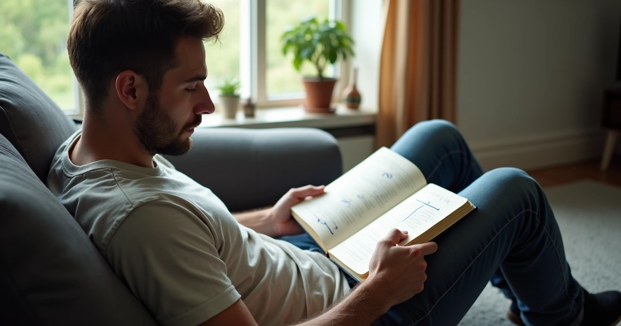 Homem refletindo sentado na sala, diário aberto e linhas destacando padrões 