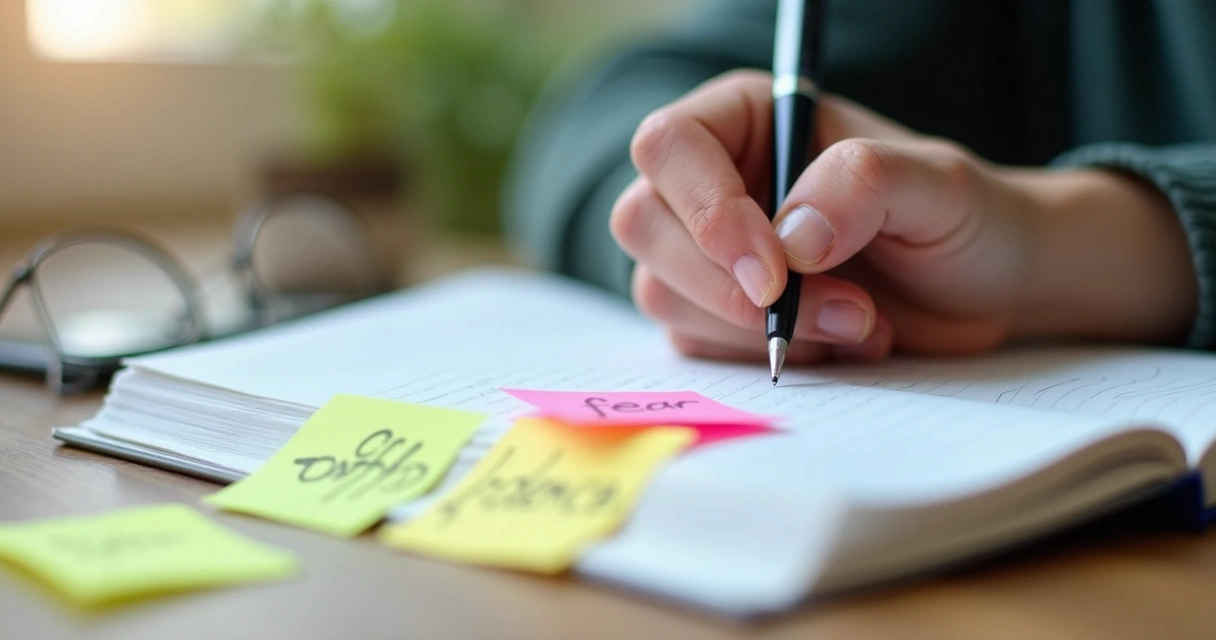 Mão escrevendo em caderno, analisando padrões de comportamento