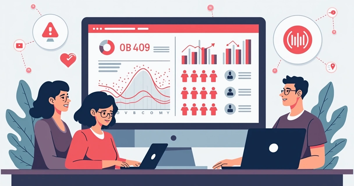 Ilustração corporativa plana mostrando análise de dados de crises em redes sociais com gráficos e ícones de alerta 
