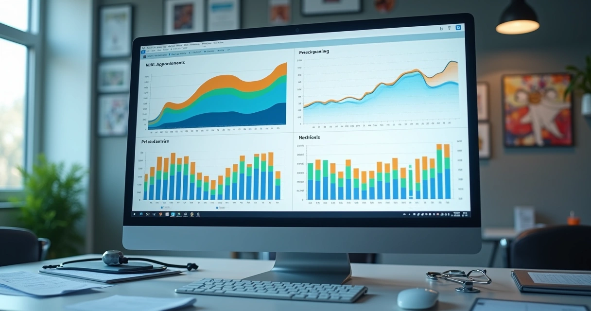 Tela de computador com gráficos coloridos exibindo padrões de agendamento médico e atividades financeiras 