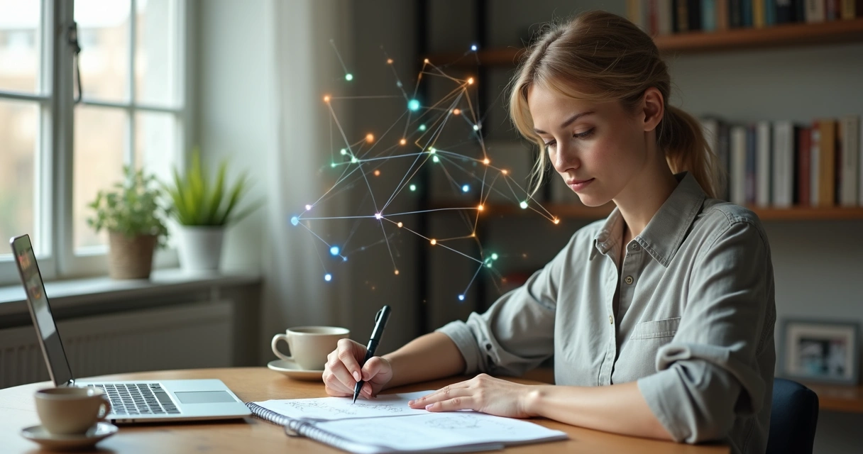 Pessoa analisando padrões emocionais com formas geométricas coloridas em torno da cabeça 