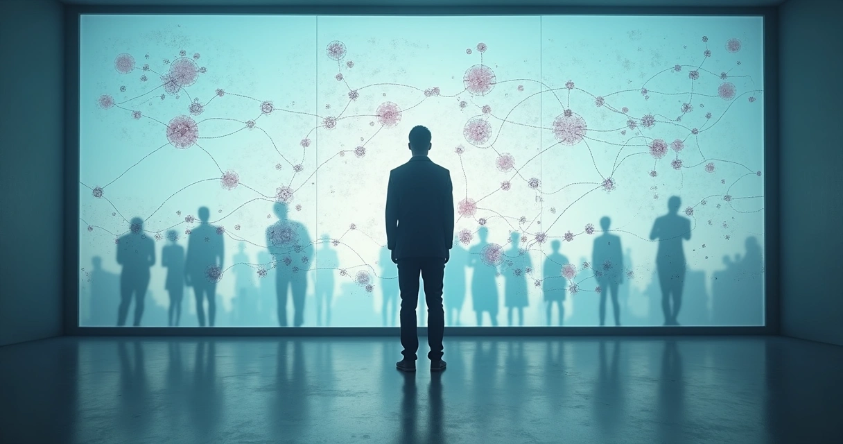 Pessoa olhando tela cheia de gráficos emocionais e símbolos conectando grupos