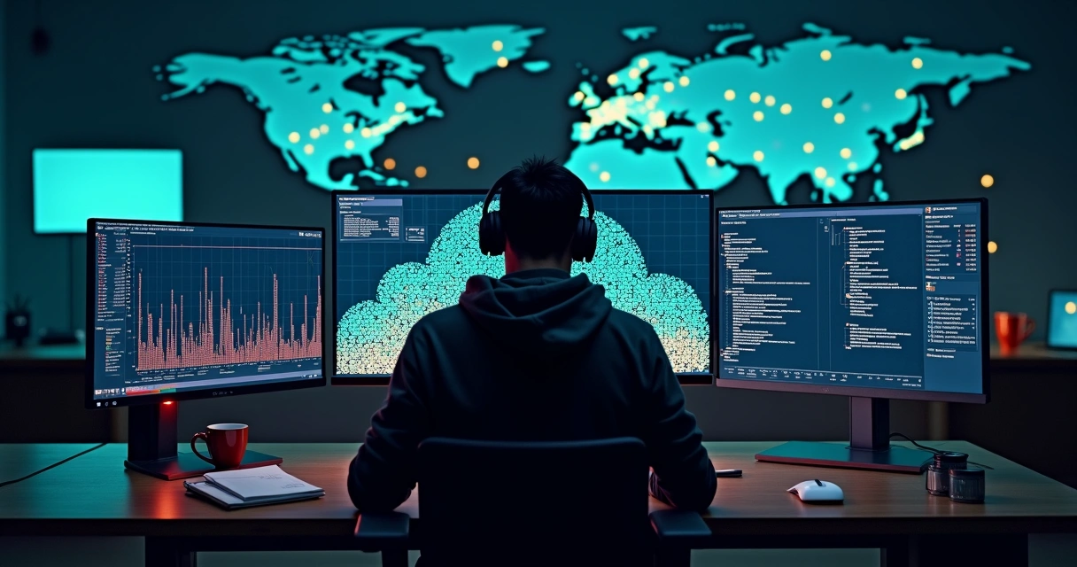 Engenheiro observa mapa de calor de logs em painel de nuvem 