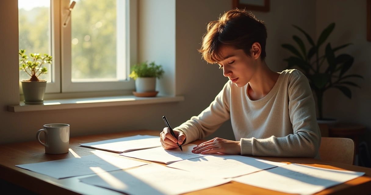 Pessoa revisando anotações em folhas de papel sobre uma mesa