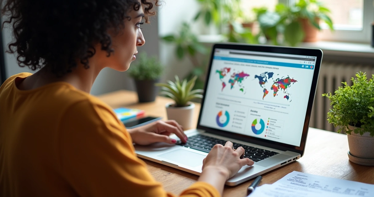 Pessoa analisando lista de palavras-chave em tela de notebook 