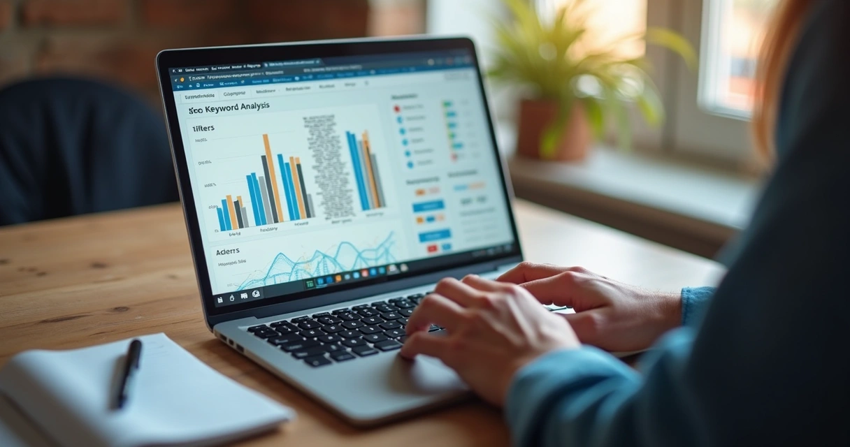 Análise de palavras-chave e gráficos em tela de notebook 