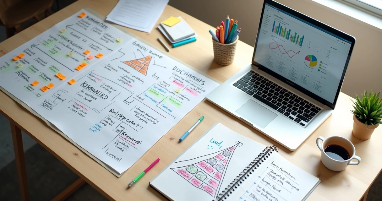 Mesa de trabalho com mapas mentais coloridos de palavras-chave em quadro branco 