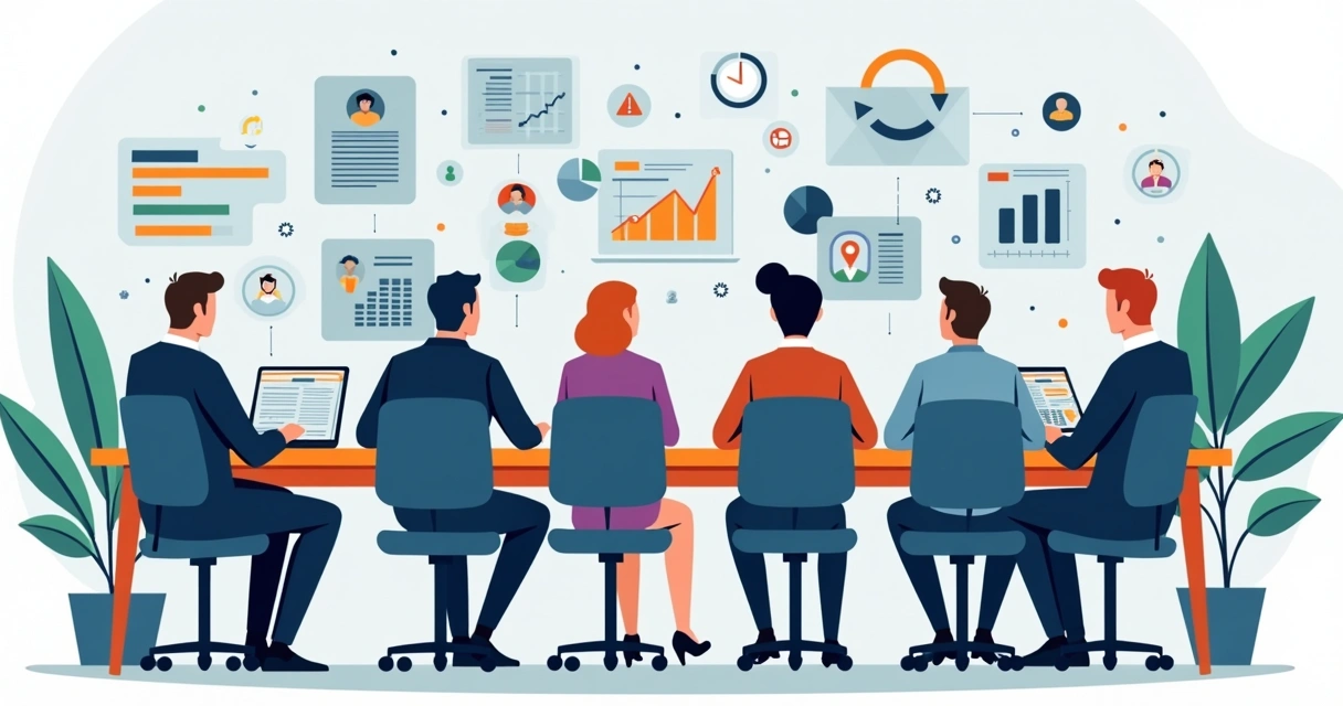 Ilustração corporativa de profissionais analisando gráficos e documentos em parceria com influenciadores 