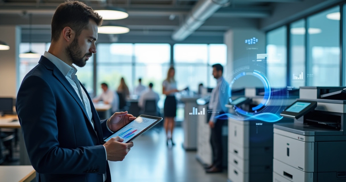 Técnico avaliando parque de impressoras em empresa 