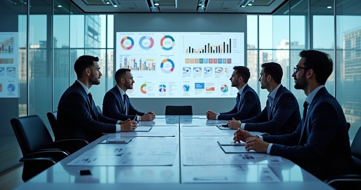 Executivos analisando gráficos de participação de mercado em uma sala de reunião moderna 