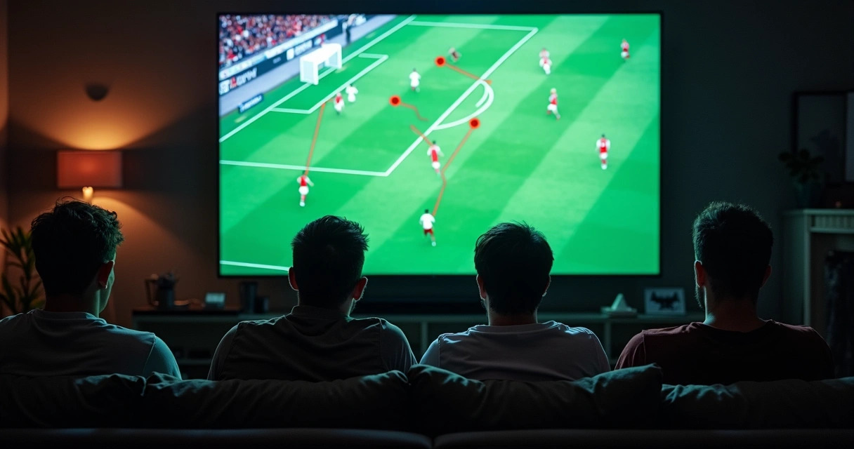 Análise de passe de futebol exibida em tela durante transmissão