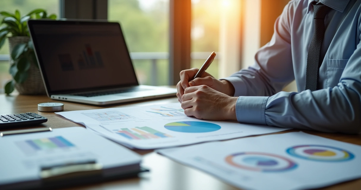 Empresário analisando patrimônio empresarial e familiar em notebook 