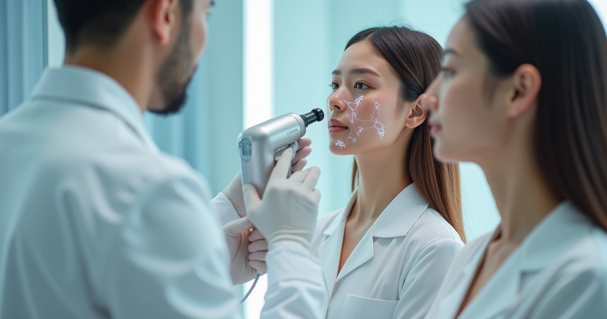 Profissional analisando pele de paciente com tecnologia digital 