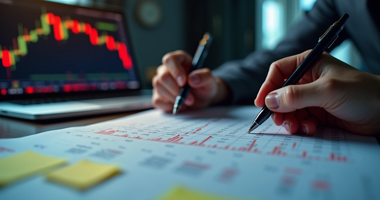 Pessoa olhando gráficos de operações e fazendo anotações à mão. 