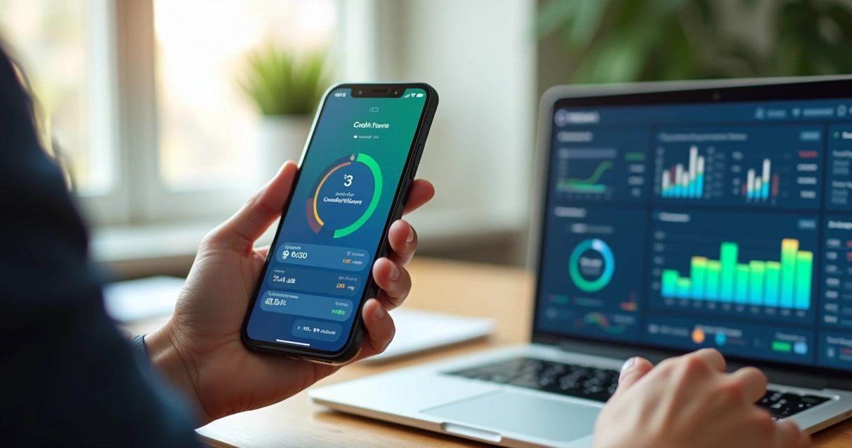 Pessoa usando app de banco digital com gráficos e análise de perfil na tela 