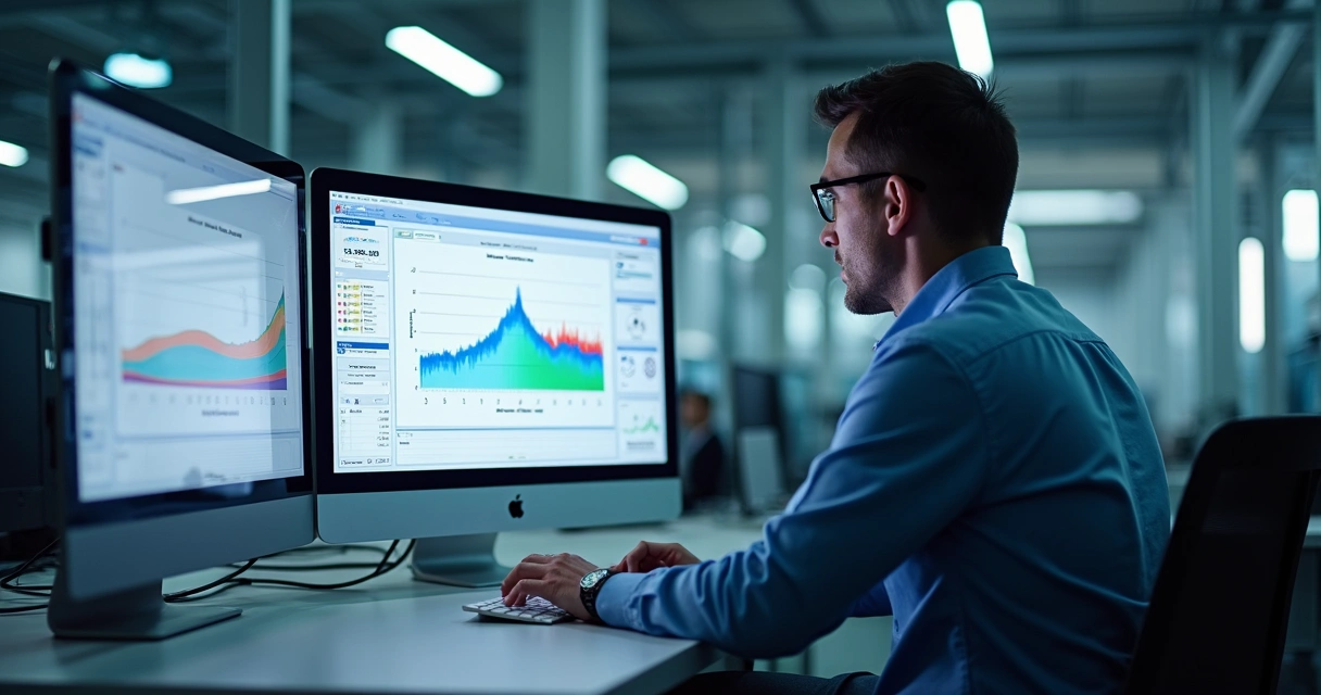 Profissional analisando gráficos de energia em tela digital em ambiente industrial 