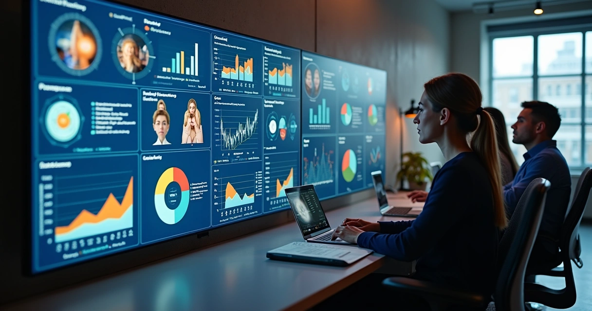 Análise de perfis de clientes em dashboard digital com gráficos coloridos