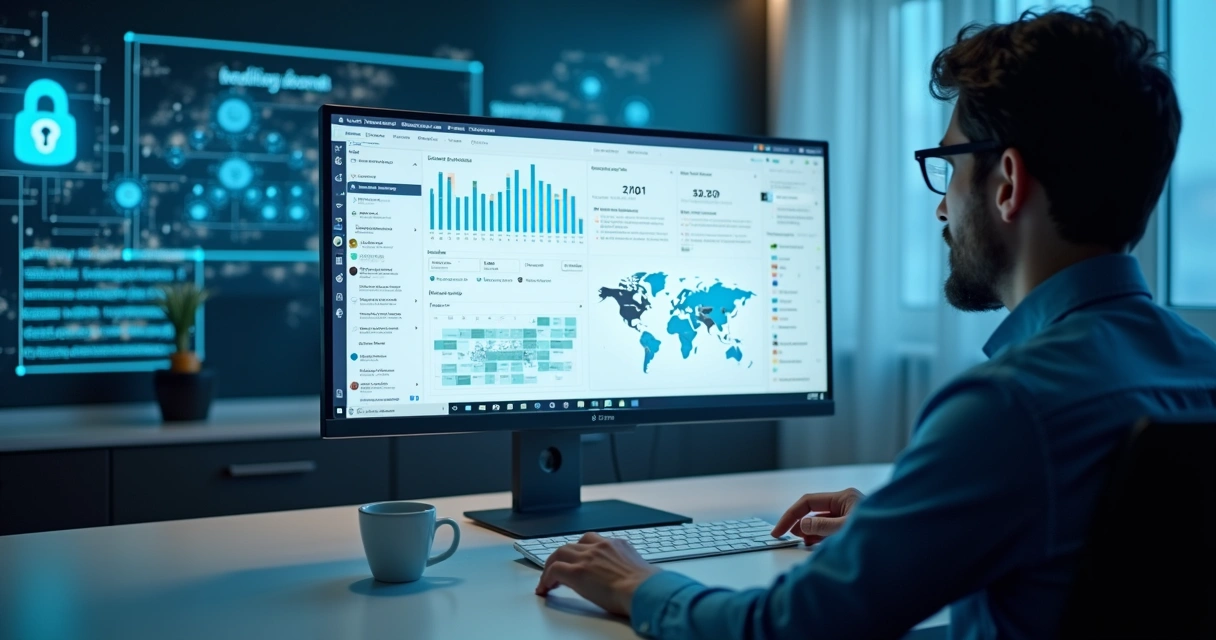 Pessoa analisando desempenho de perfil digital em tela de computador com gráficos e dados 
