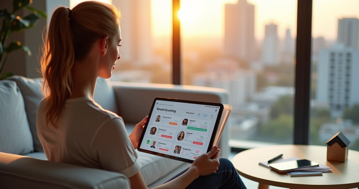 Proprietária avaliando perfil de futuros inquilinos em sala de estar de apartamento 
