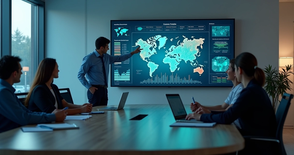 Gestor de clínica analisa mapa de dados de pacientes em tela com inteligência artificial 