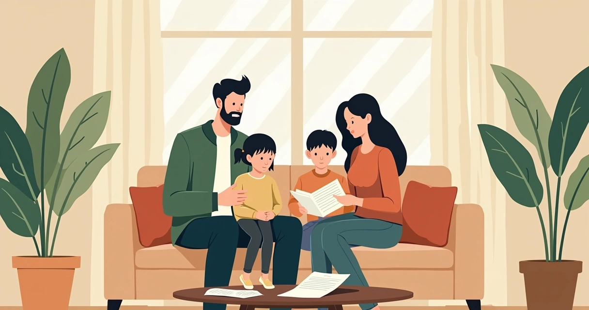Profissional de alta renda reunido com filhos e parceiro, analisando seguro de vida 