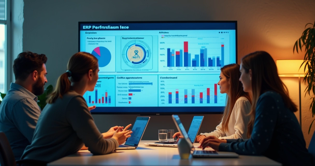 Equipe acompanhando indicadores de performance em tela de ERP 