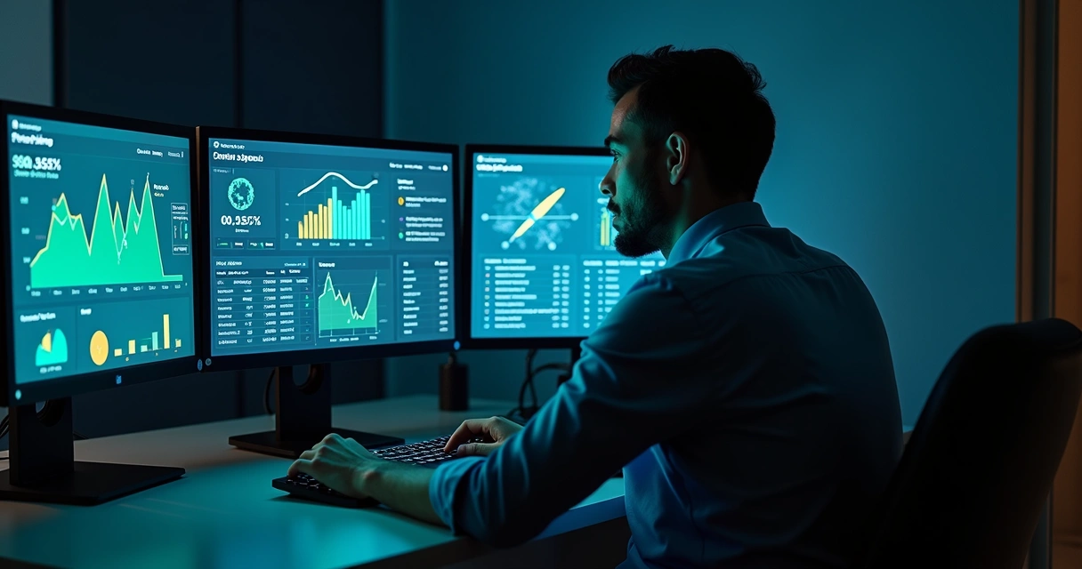 Analista verificando gráficos de performance e SEO de site institucional em monitor widescreen 