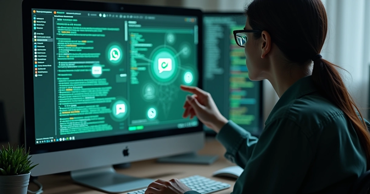 Técnico analisando mensagens digitais em computador com ícones do WhatsApp ao fundo 