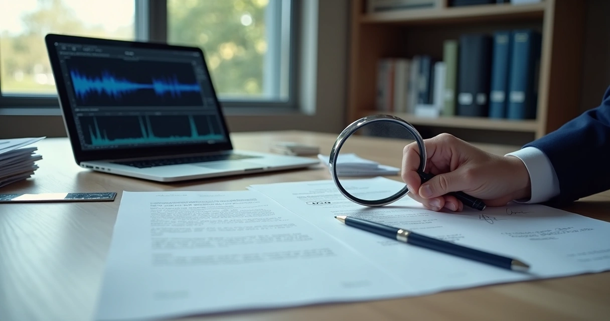 Mesa com documentos periciais e lupa em análise 