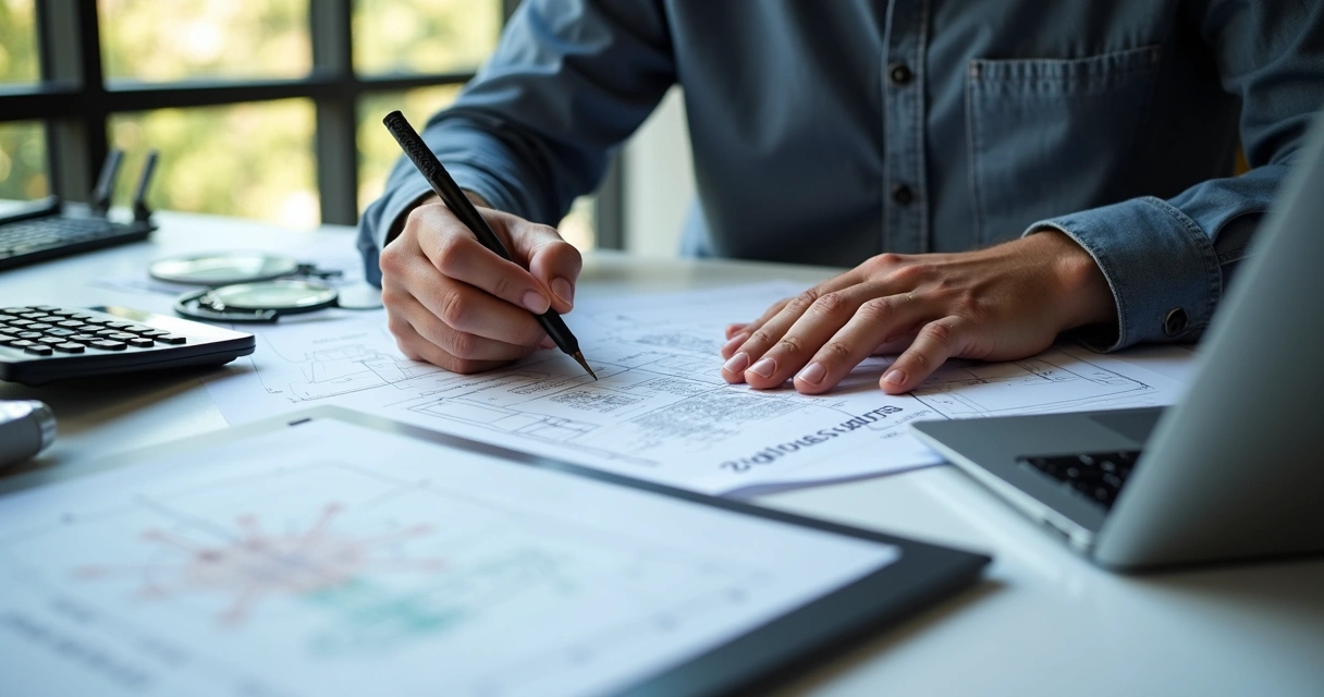 Engenheiro preenchendo quesitos técnicos com documentos na mesa, ferramentas à mostra 