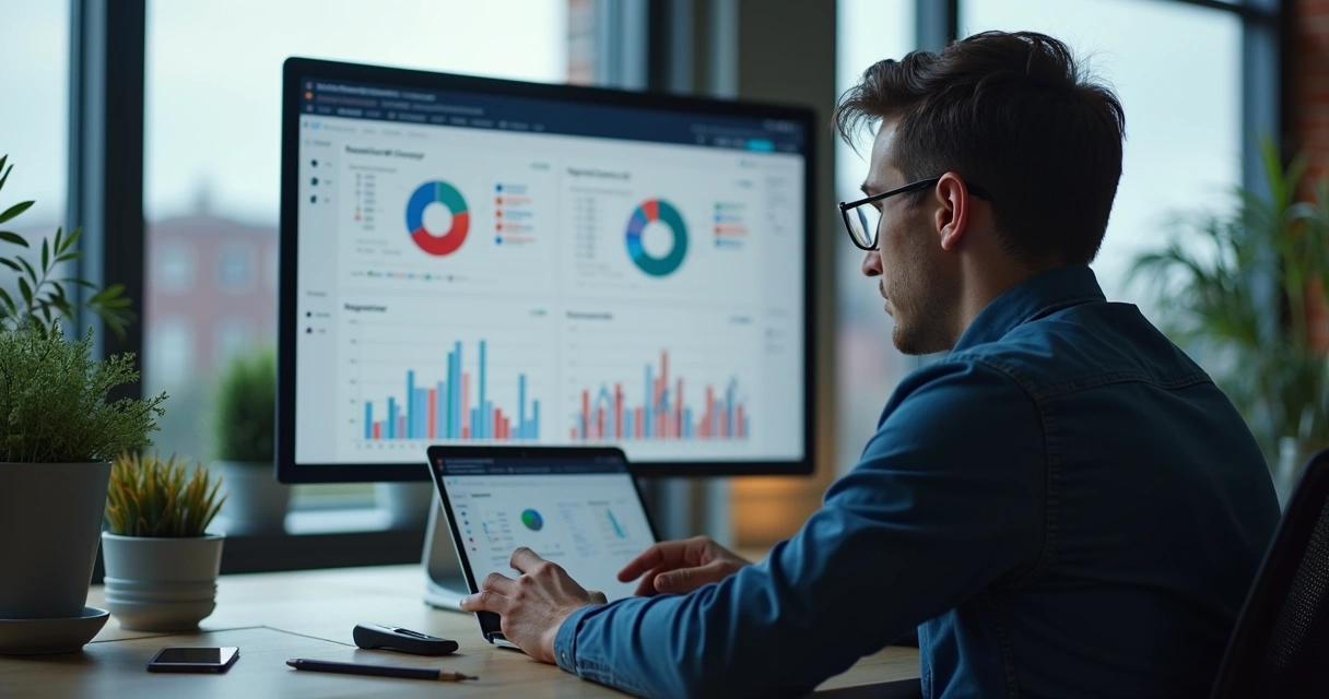 Profissional de marketing analisando dashboard digital em notebook 