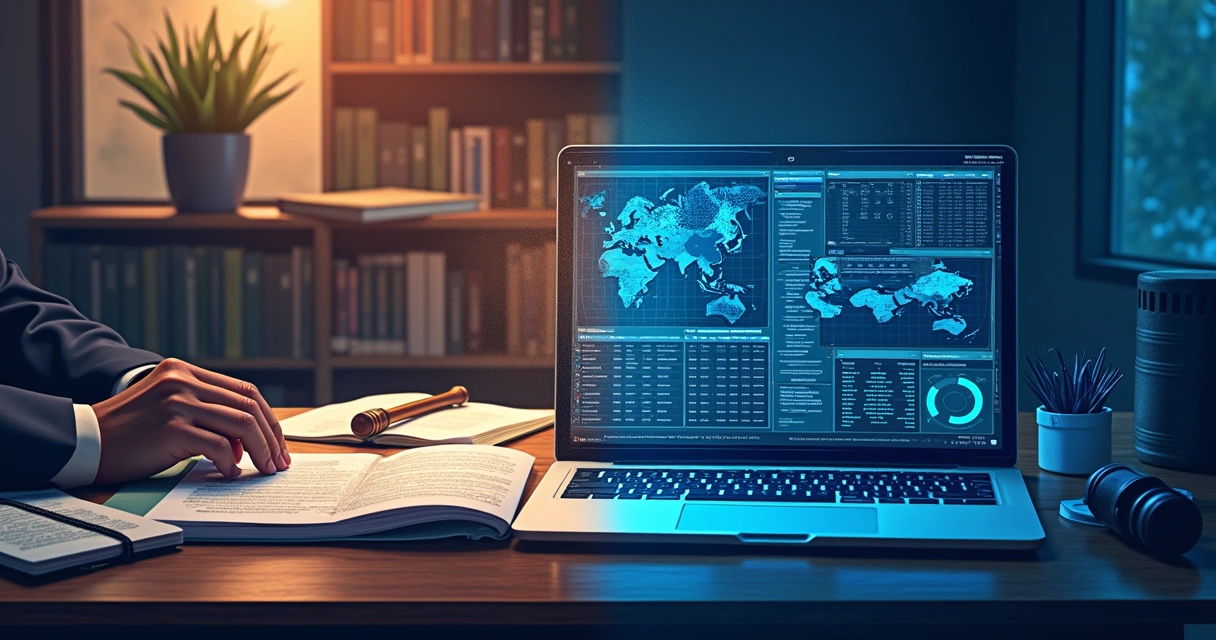 Mesa com notebook aberto mostrando gráficos, documentos e um martelo de juiz 